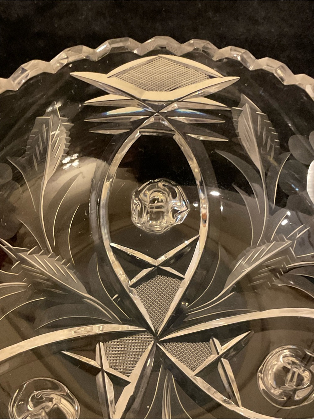 Footed Bowl Brilliant Cut Glass Crystal Sawtooth Rim Pinwheel or Floral Design - Picture 11 of 14